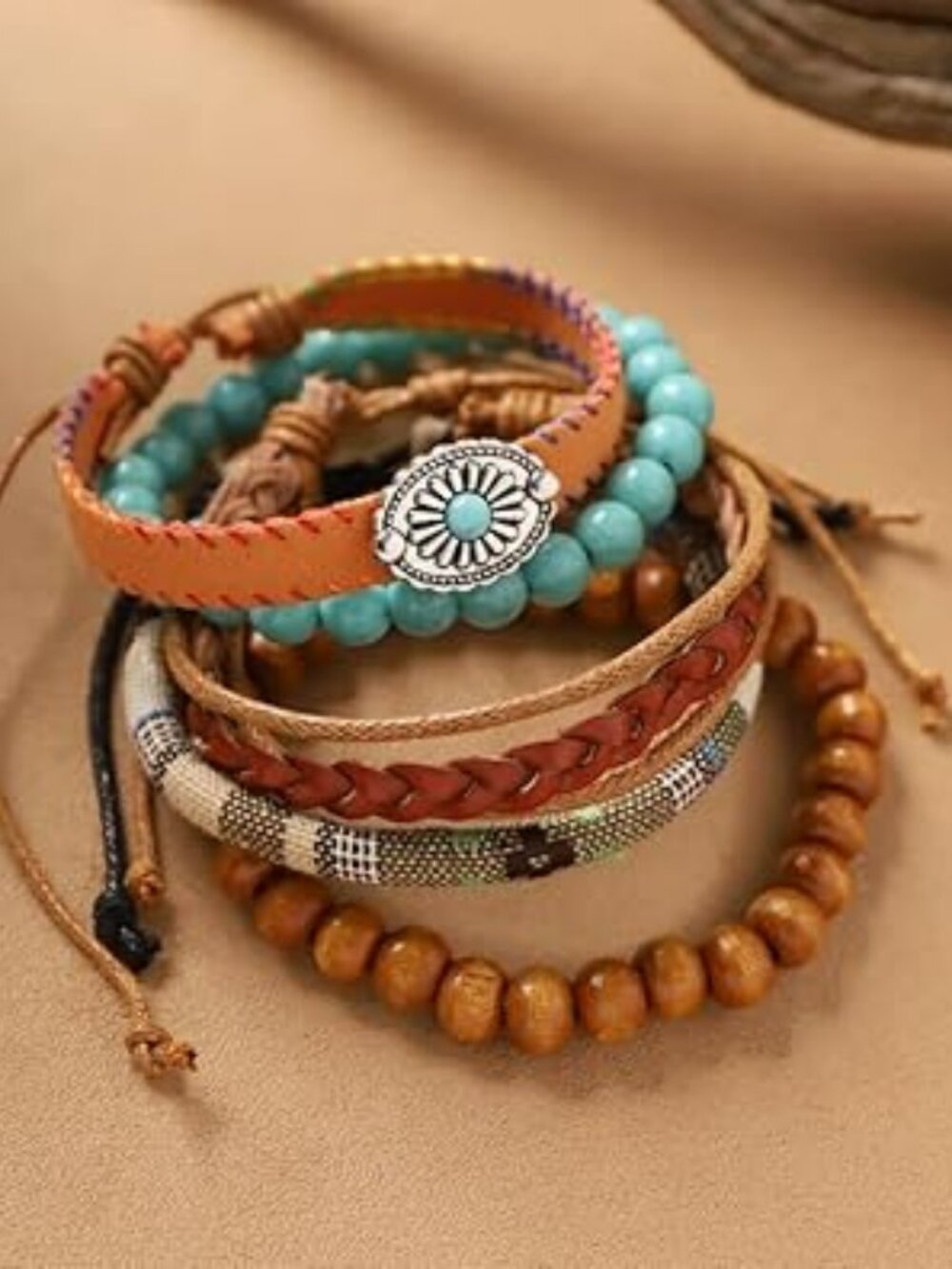 5 Boho Beaded Bracelet Set Stackable Stretchy Turquoise Boho Leather